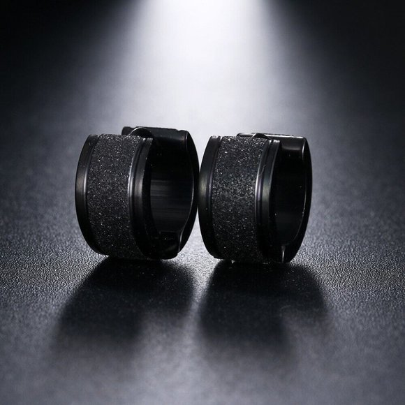 Mens Black Frosted Sandblast Stainless Steel Hoop Earrings 13mm Party Gift - Picture 1 of 4